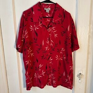 Style & Co Red 100% Silk Leaf Tropical Print Shirt 16W Resort Wear Quiet Luxury